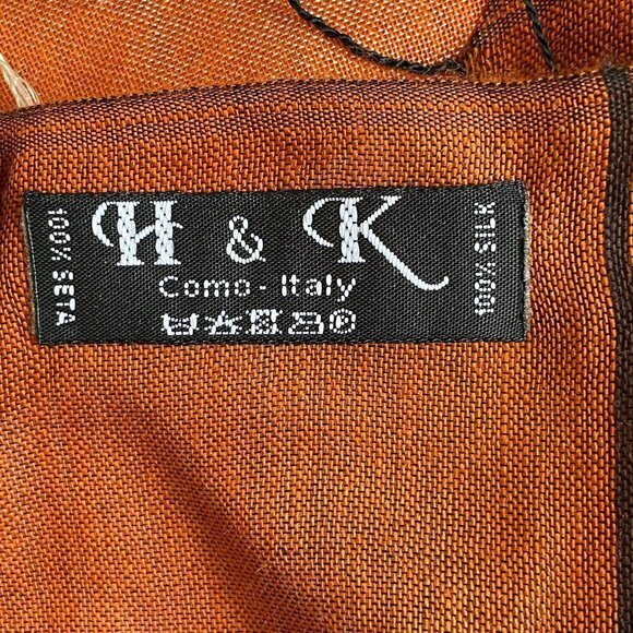 H & K Como Italy Silk Scarf Earth Tones Rust, Coral, Brown with Eyelash Fringe - Picture 3 of 5